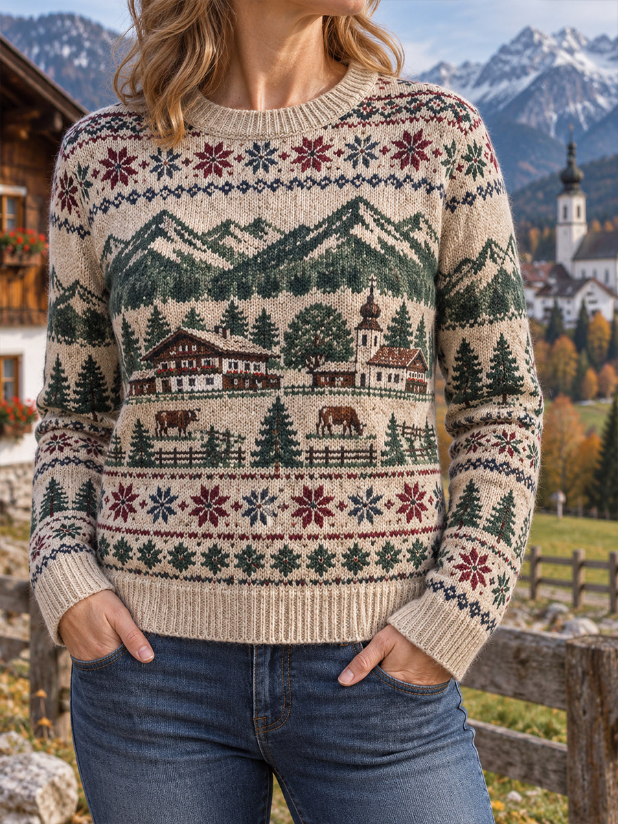 Langärmeliger Damenpullover mit ländlichem Landschaftsmotiv