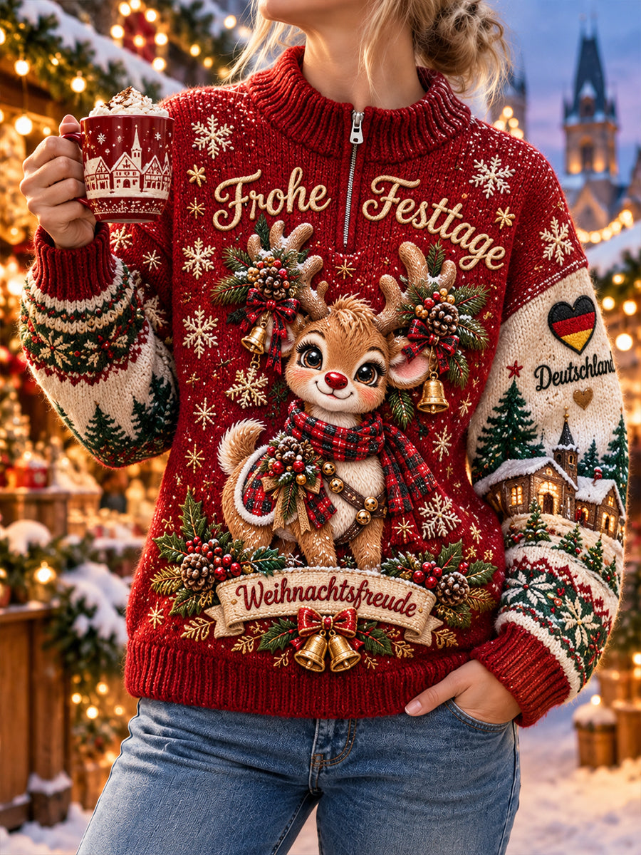 Damen-Strickpullover mit Rundhalsausschnitt und weihnachtlichem Print