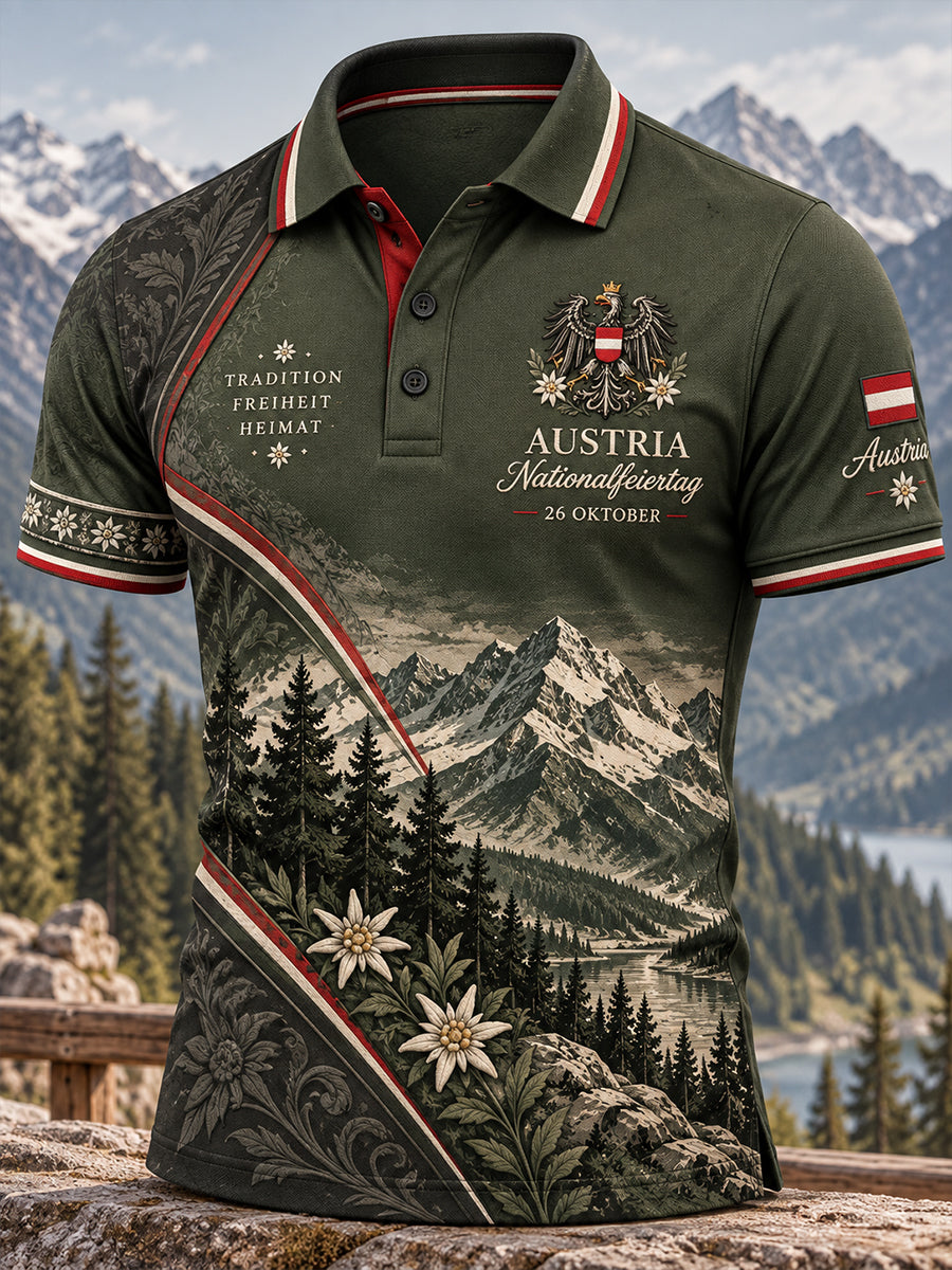 Herren-Poloshirt mit Nationaltag-Gedenkdruck und kurzen Ärmeln