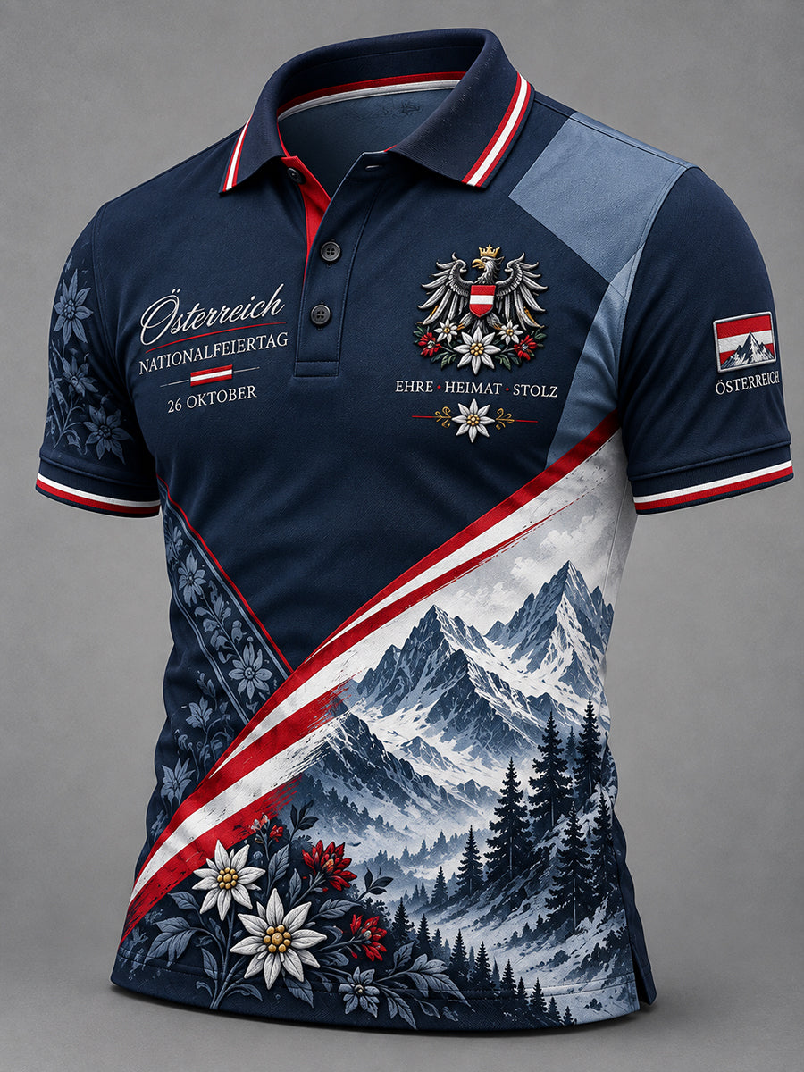 Herren-Poloshirt mit Nationaltag-Gedenkdruck und kurzen Ärmeln
