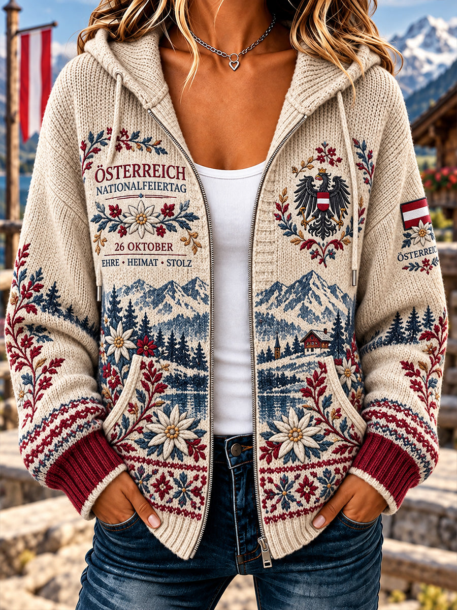 Damen-Kapuzenpullover aus Strick mit Gedenkdruck zum Nationalfeiertag
