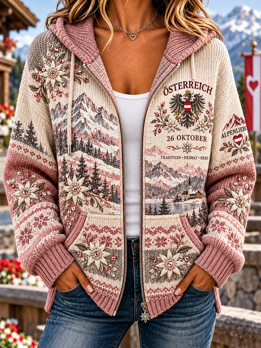 Damen-Kapuzenpullover aus Strick mit Gedenkdruck zum Nationalfeiertag