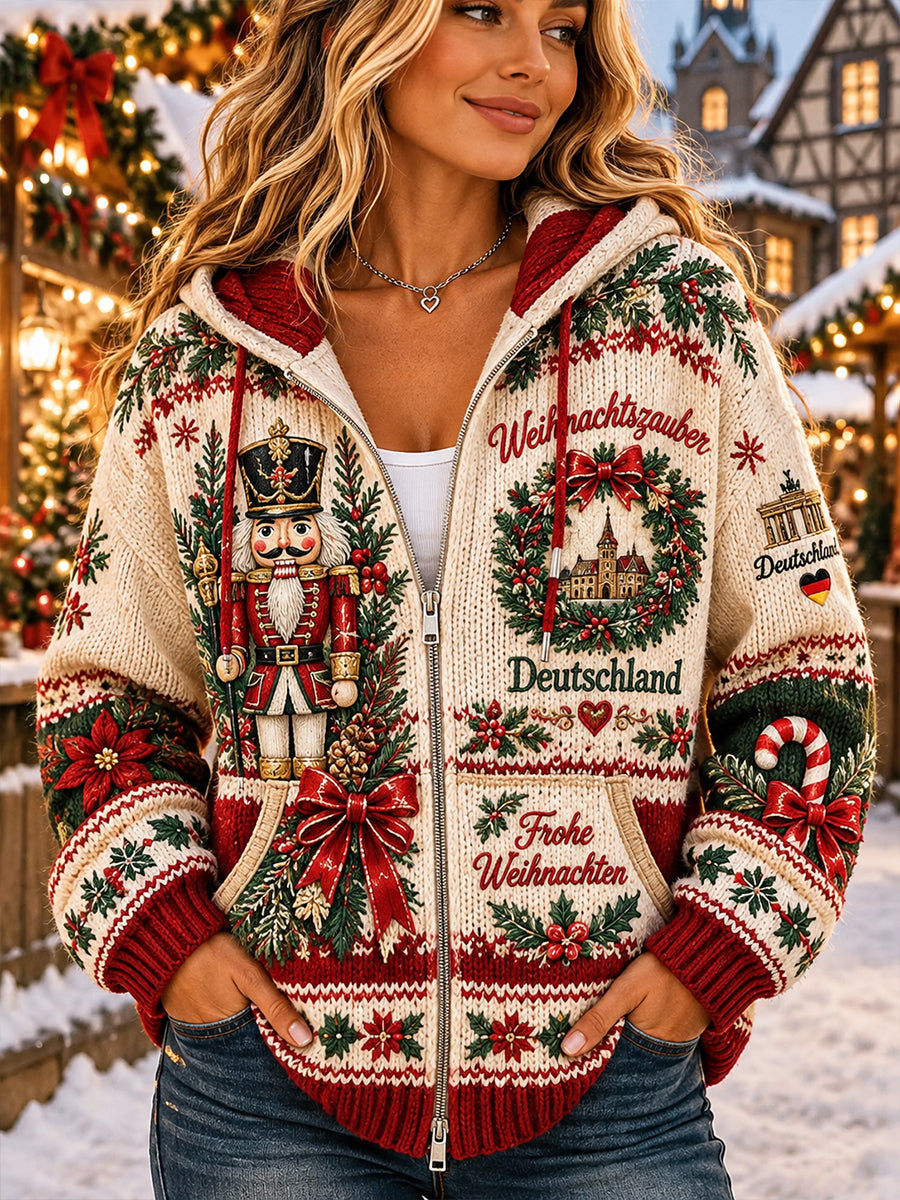 Damen-Strickhoodie mit weihnachtlichem Print