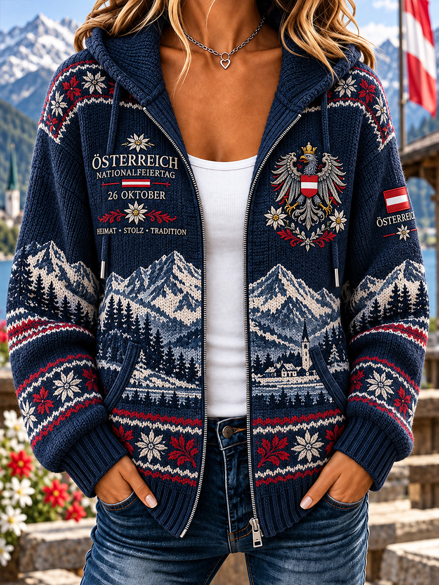 Damen-Kapuzenpullover aus Strick mit Gedenkdruck zum Nationalfeiertag