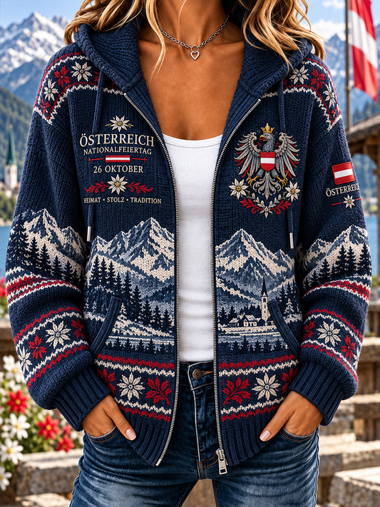 Damen-Kapuzenpullover aus Strick mit Gedenkdruck zum Nationalfeiertag
