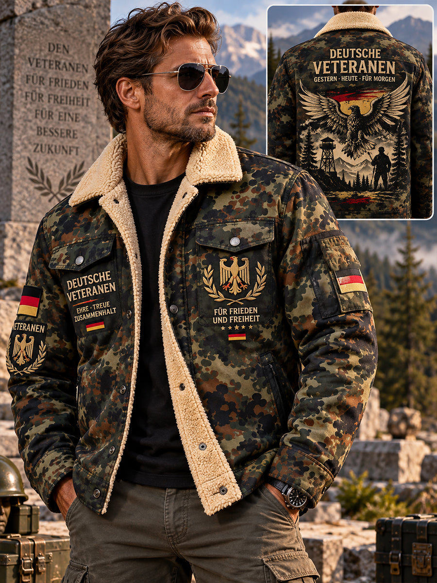 Herrenjacke im Camouflage-Design mit Fleece-Futter, thematisch auf Veteranen ausgerichtet