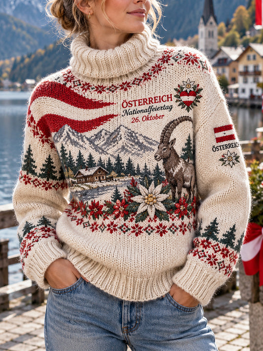 Gestrickter Rollkragenpullover mit Aufdruck zur Feier des Nationalfeiertags der Frauen