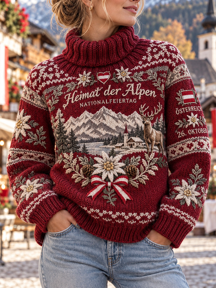 Gestrickter Rollkragenpullover mit Aufdruck zur Feier des Nationalfeiertags der Frauen