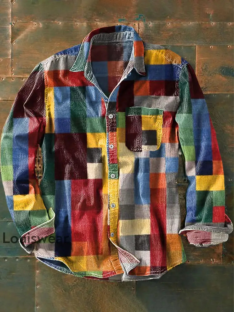 Unisex einfache Regenbogen farbe kariert Vintage bedruckte Revers lange Ärmel Taschen hemd bunt / S