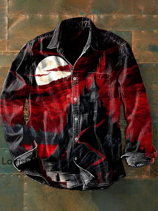 Unisex Herren Retro Dark Punk Castle Moon Abstrakt Print Lässiges Langarm-Shirt Rot / S