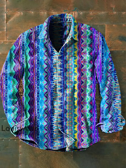 Unisex Herren Vintage Ethnische Western Geometrische Bunte Abstrakte Print Lässiges Langärmliges Hemd blau / S