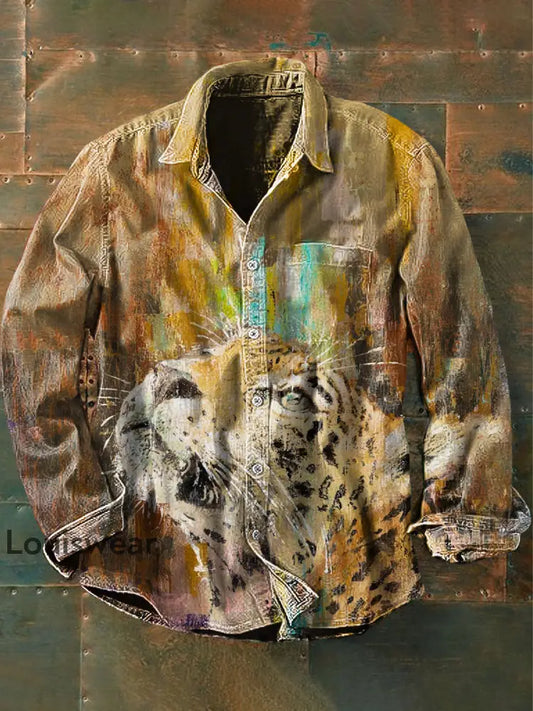 Unisex Herren Vintage Ethnische Western Leopard Abstrakt Print Lässiges Langärmliges Hemd Braun / S