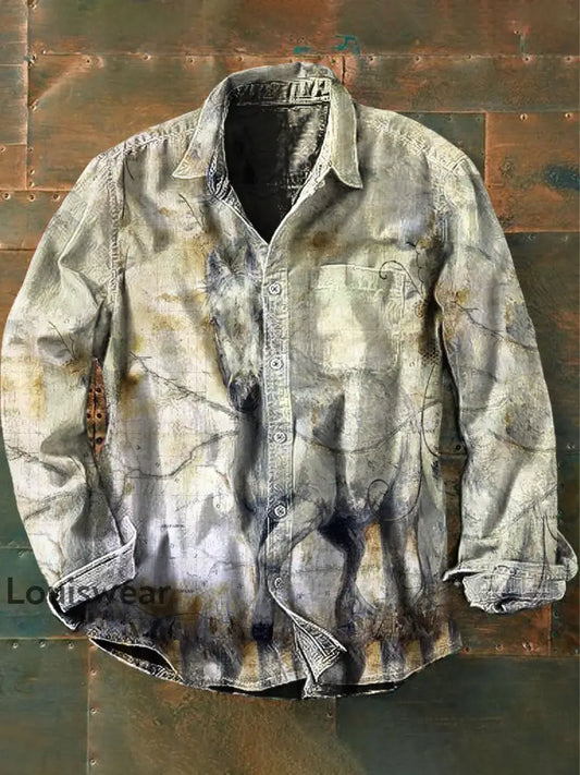 Unisex Herren Vintage Ethnische Western pferde Abstrakt Print Lässiges Langärmliges Hemd als bild / S