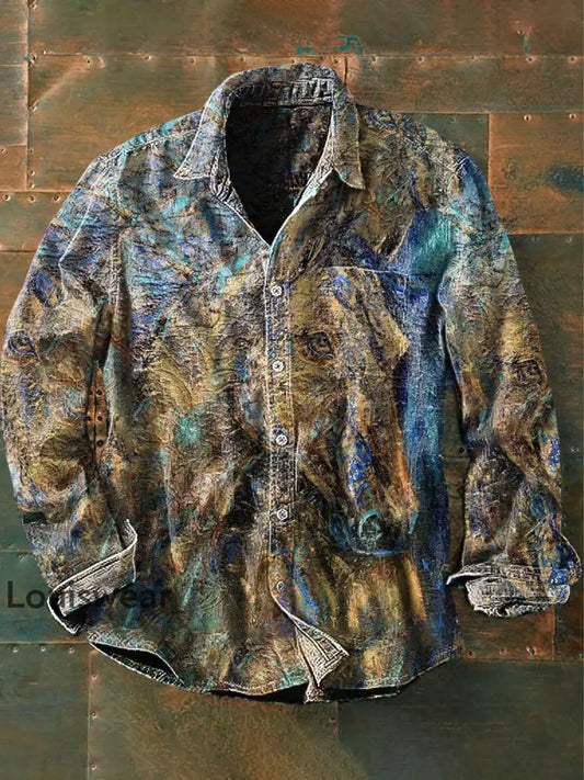 Unisex Herren Vintage Ethnische Western pferde Ölgemälde Abstrakt Print Lässiges Langärmliges Hemd als bild / S