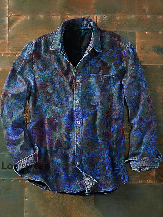 Unisex Herren Vintage Floral Rosa Blume Abstrakt Print Lässiges Langärmliges Hemd blau / S