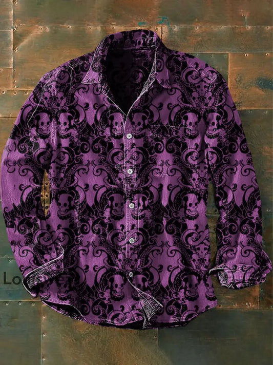 Unisex Herren Vintage Gothic Dunkel Schwarz Ziege Print Lässiges Langärmliges Hemd Lila / S