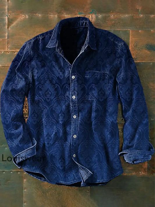 Unisex Herren Vintage Gothic Perris Muster Druck lässig Langarm Hemd blau / S