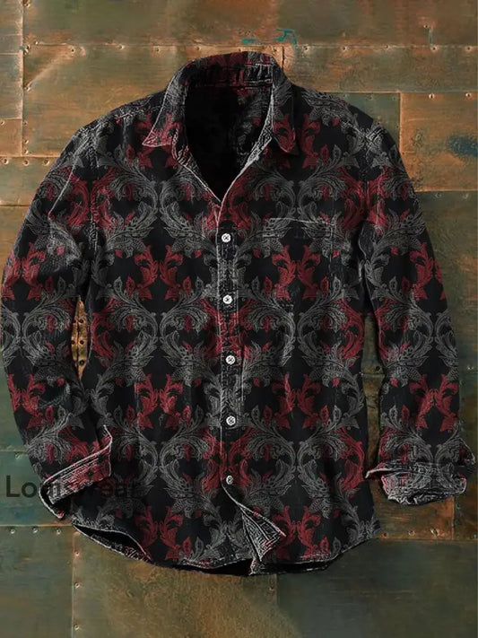 Unisex Herren Vintage Gothic Stil Feder muster Abstrakt Print Lässiges Langärmliges Hemd Schwarz / S