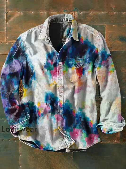Unisex Herren Vintage Hippie Bunte Krawatte Farbstoff Herz-Designs Abstrakt Print Lässiges Langarm-Shirt als bild / S