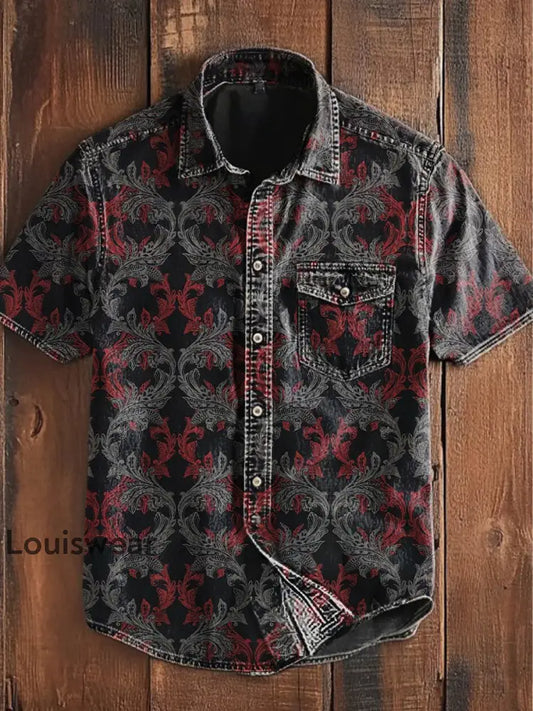 Unisex Herren Vintage Punk Gothic bunte Blumenmuster Abstrakt Print Casual Kurzarm Taschen hemd Dunkelgrau / S