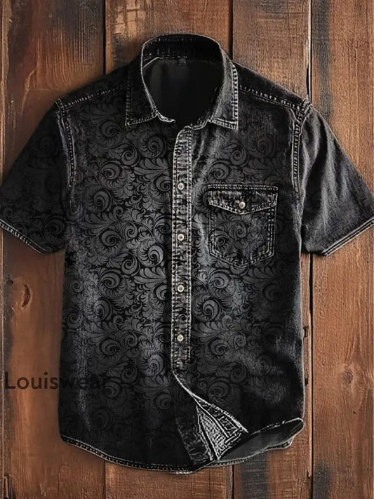 Unisex Herren Vintage Punk Gothic Gradient Swirl Muster Abstrakt Print Casual Kurzarm Taschen hemd Schwarz / S