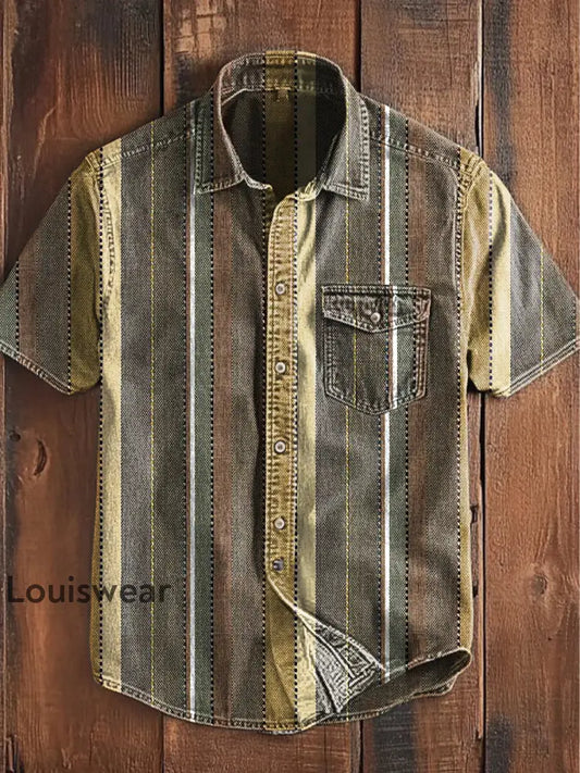 Unisex Herren Vintage Western bunt Streifen Kunst Design Abstrakt Print Casual Kurzarm Taschen hemd als bild / S