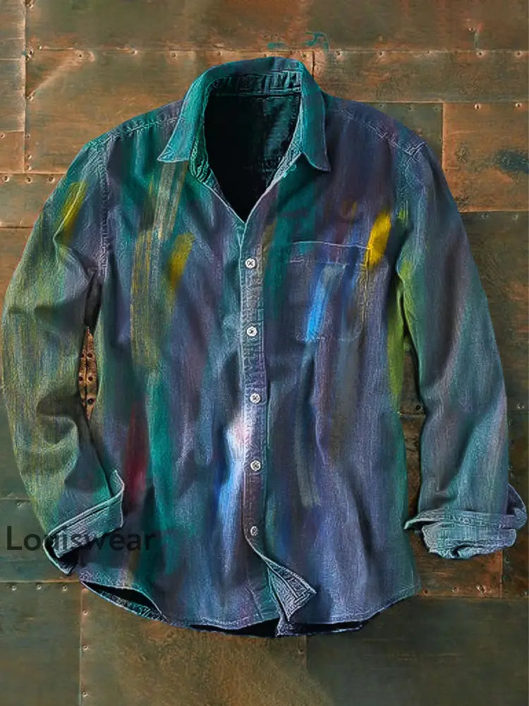 Unisex Herren Vintage Western Bunte Streifen Abstrakt Print Lässiges Langarm-Hemd als bild / S