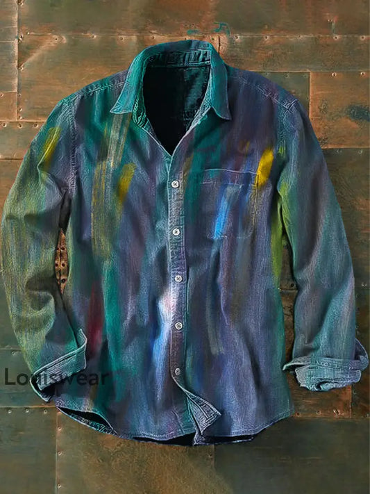 Unisex Herren Vintage Western Bunte Streifen Abstrakt Print Lässiges Langarm-Hemd als bild / S