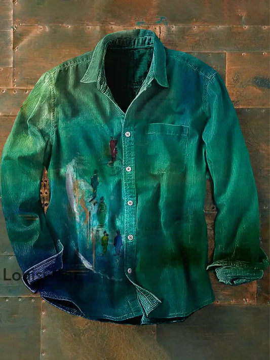 Unisex Herren Vintage Western Bunte Venture Design Abstrakt Print Lässiges Langärmliges Hemd Grün / S