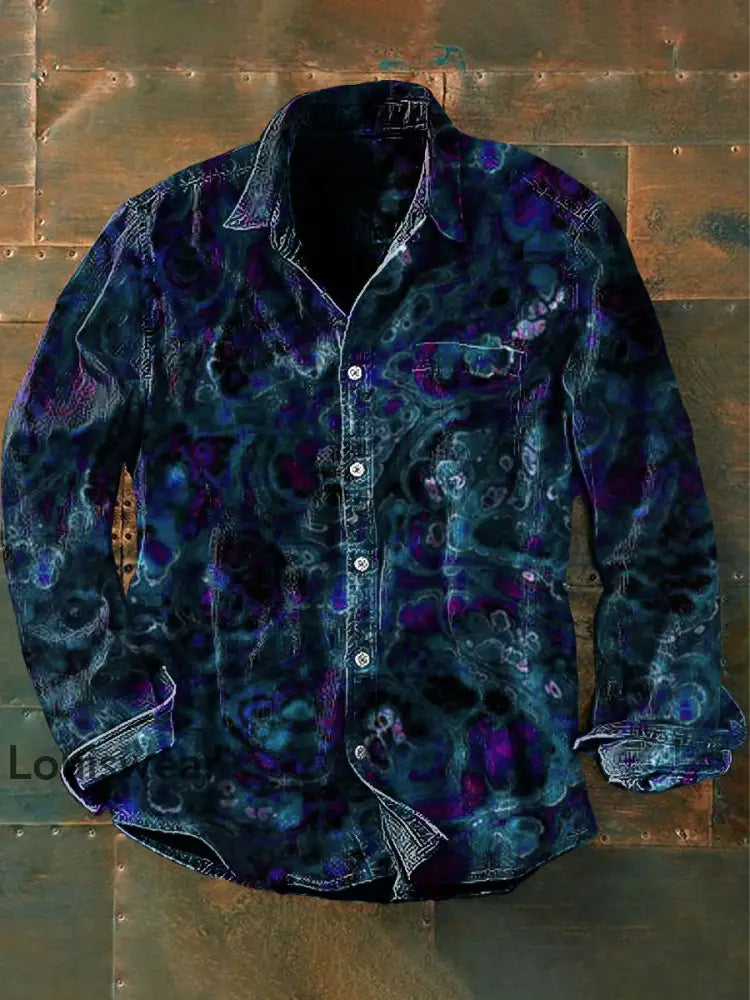 Unisex Herren Vintage Western Bunte Wirbel Abstrakt Print Lässiges Langarm-Hemd blau / S