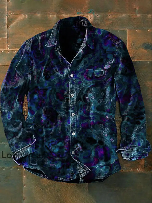 Unisex Herren Vintage Western Bunte Wirbel Abstrakt Print Lässiges Langarm-Hemd blau / S
