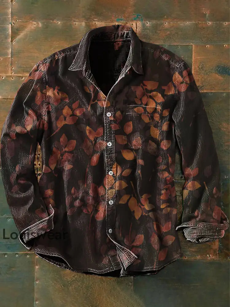 Unisex Herren Vintage Western Ethnic Balin esisches Blatt Abstrakt Print Lässiges Langärmliges Hemd als bild / S
