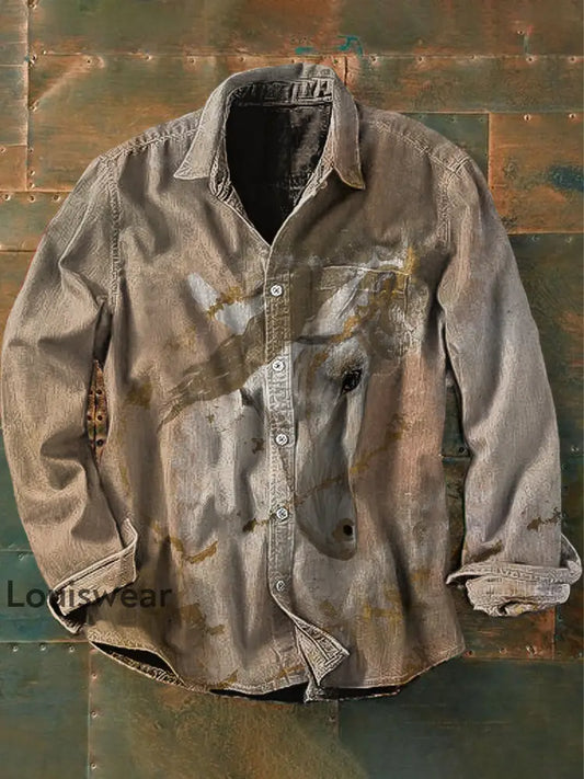 Unisex Herren Vintage Western Ethnic Pferd Abstrakt Print Lässiges Langärmliges Hemd Braun / S