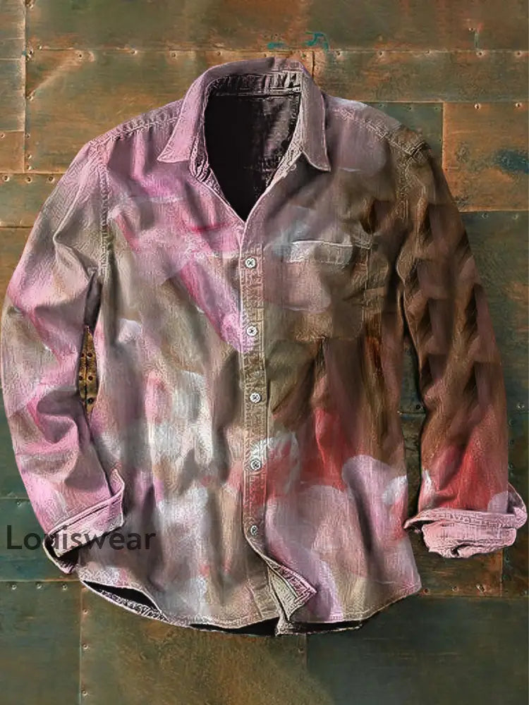 Unisex Herren Vintage Western Ethnische bunte Abstrakt Print Lässiges Langarm-Hemd Rosa / S