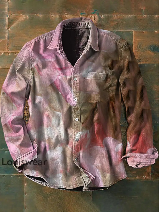 Unisex Herren Vintage Western Ethnische bunte Abstrakt Print Lässiges Langarm-Hemd Rosa / S