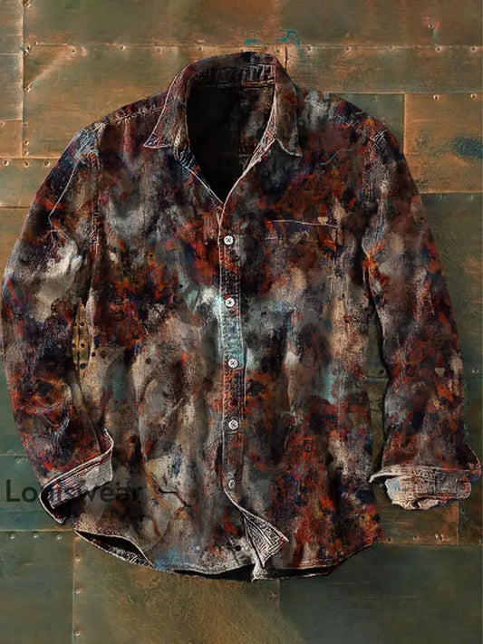 Unisex Herren Vintage Western Ethnische Erde Farben Abstrakt Print Casual Langarm Shirt als bild / S