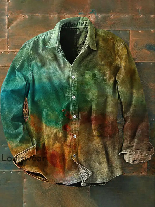 Unisex Herren Vintage Western Gradient Grün Abstrakt Print Lässiges Langärmliges Hemd als bild / S
