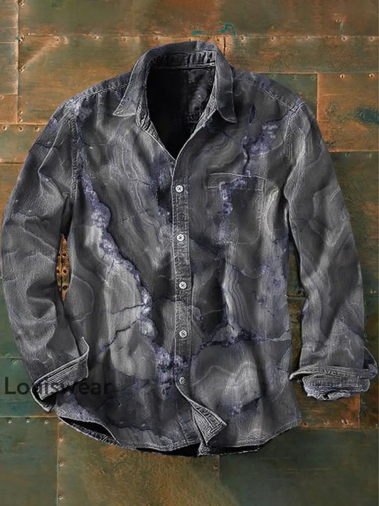 Unisex Herren Vintage Western Marmor Bunte Kunst Abstrakt Print Lässiges Langärmliges Hemd Grau / S