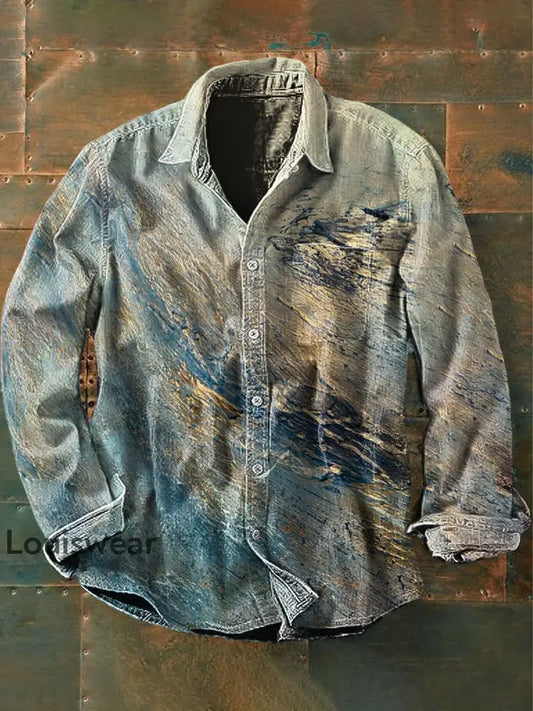 Unisex Herren Vintage Western Ölgemälde Bunt Abstrakt Print Lässiges Langarm-Hemd als bild / S