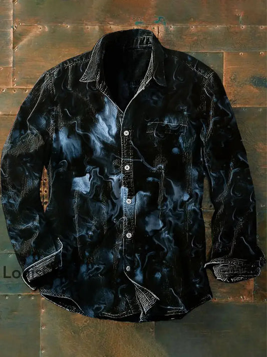 Unisex Herren Vintage Western Ripple Bunte Kunst Abstrakt Print Lässiges Langärmliges Hemd Schwarz / S