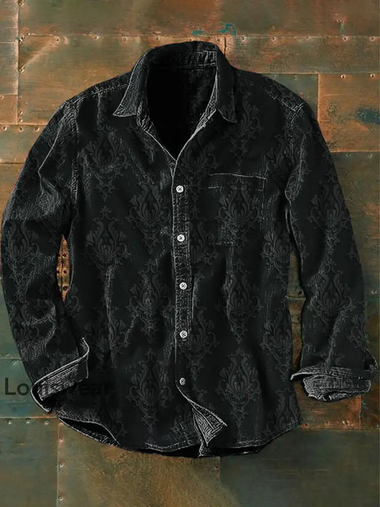 Unisex Men’s Vintage Gothic Floral Abstract Print Casual Long Sleeve Shirt Dark Gray / S