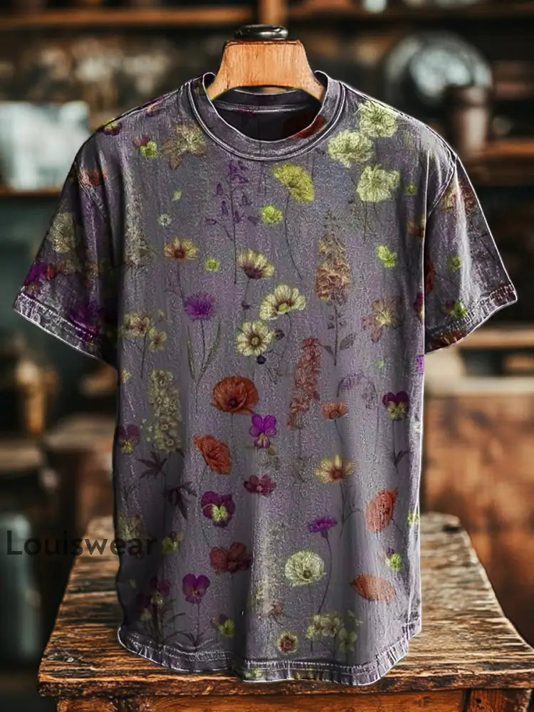Unisex Retro Abstrakter Blumen druck Lässiges Kurzarm T-Shirt Beige / S