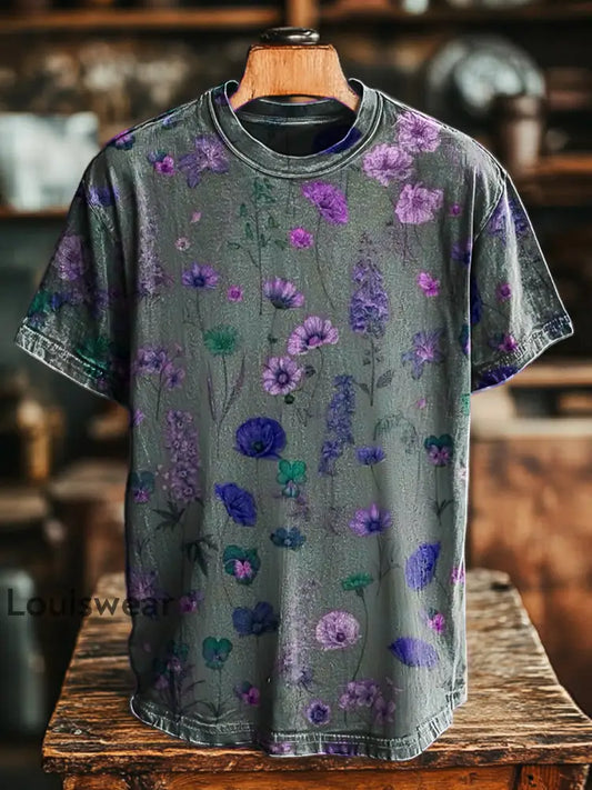 Unisex Retro Abstrakter Blumen druck Lässiges Kurzarm T-Shirt Rosa-Lila / S