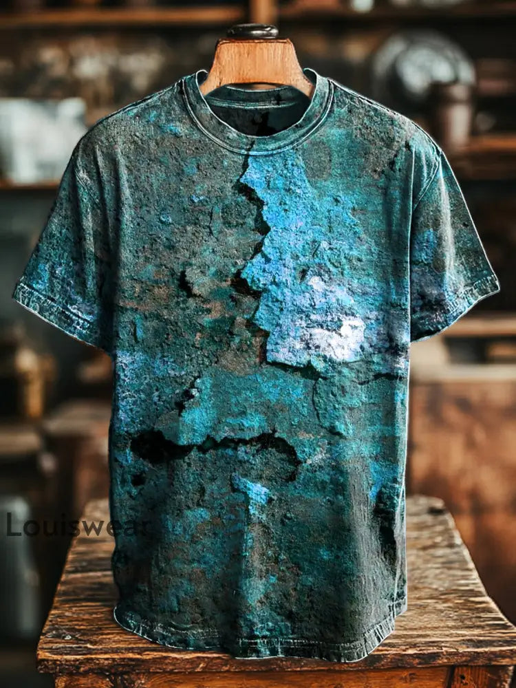 Unisex Retro-Alter Rost gedruckt lässig lose Kurzarm T-Shirt See blau / S