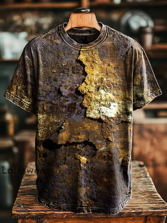Unisex Retro envejecido Rust impreso Casual suelta camiseta de manga corta amarillo / S