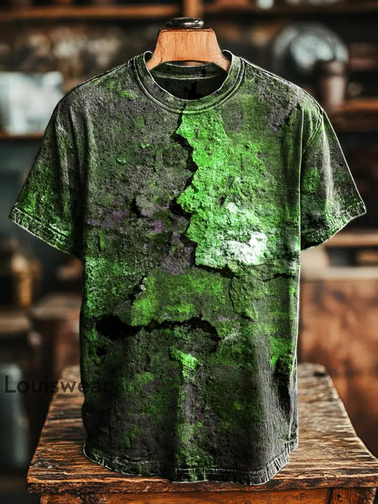 Unisex Retro envejecido Rust impreso Casual suelta camiseta de manga corta verde / S
