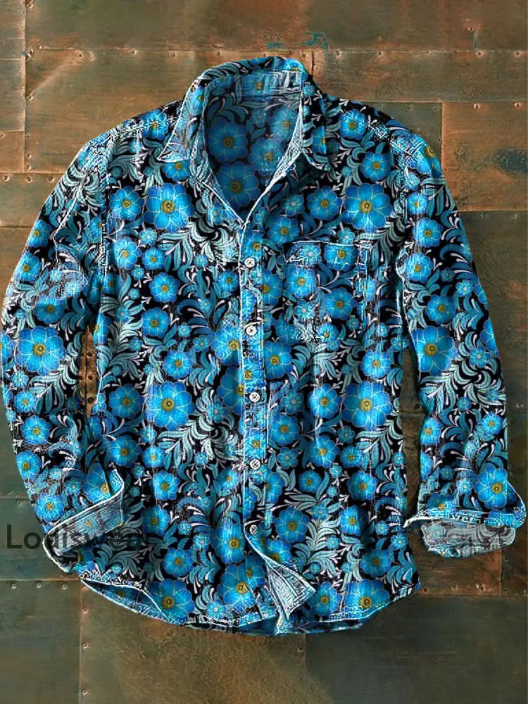 Unisex Vintage Abstrakt Blau Floral Art Print Revers Langarm Taschen hemd bunt / S