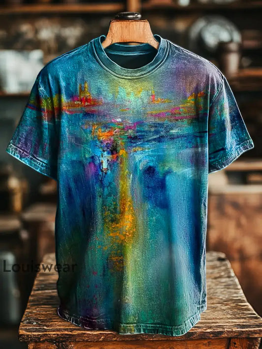 Unisex Vintage abstrakte Wasserfall Malerei Druck lässig lose T-Shirt bunt / S