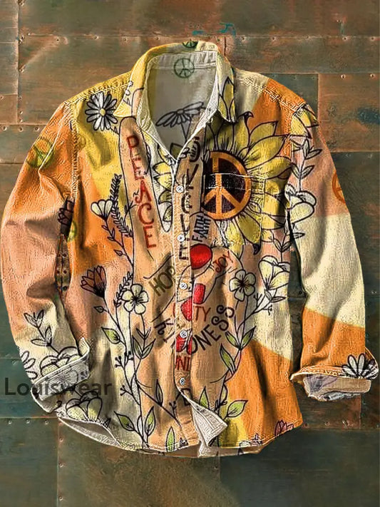 Unisex Vintage Frieden und Liebe Daisy Art Print Baumwolle Revers Langarm Taschen hemd bunt / S