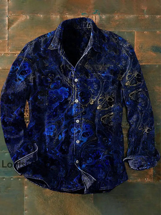 Unisex Vintage Lapis Lazuli Gold strukturiertes Abstraktion druck lässiges Langarm-Hemd Marineblau / S
